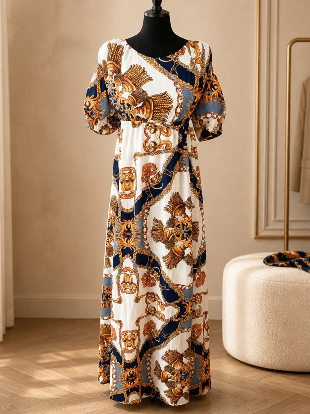 L'Atiste by Amy NWT Off-The-Shoulder Chain Print Maxi Dress Size M